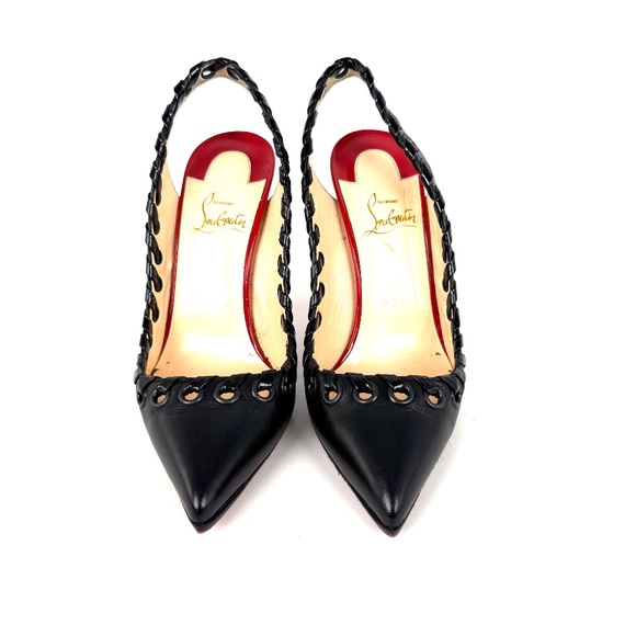 Christian Louboutin Ostri Sling 100  Leather Black Red Pointed Toe Slingbacks - Picture 4 of 10